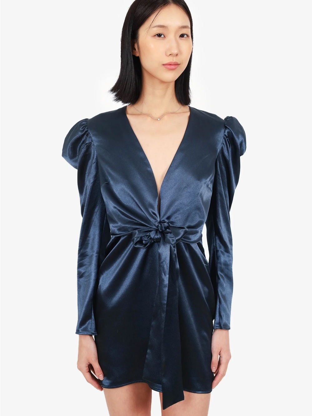 Lovers + Friends Satin Navy Knot-Front Mini Dress